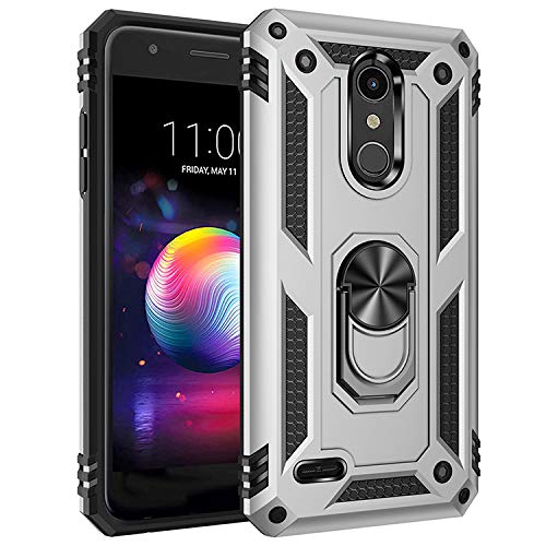 Jiajihua Case Compatible with LG K10 2018 X415 / X4 Plus / K30 X410 [Hard PC+TPU] 2 in 1 Car Mount Magnetic Ring Kickstand Cover Silver