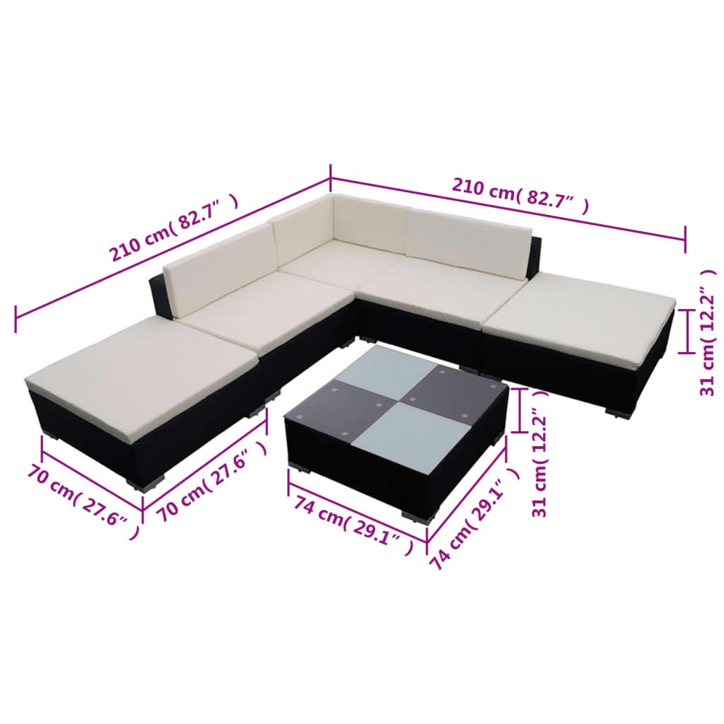 vidaXL Set Muebles de jardín y Cojines 6 Piezas ratán sintético Negro