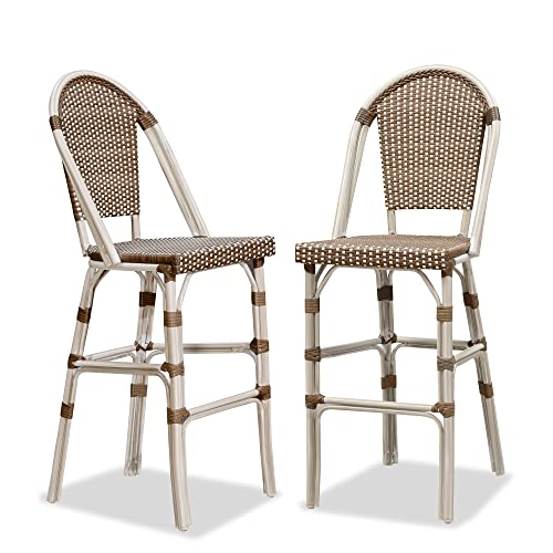Image of PURPLE LEAF French Bar Stool Set of 2 White Print Finish Patio Bar Stools with Back Rattan Chairs Wicker Bar Height Stool 30 inch with Footrest Kitchen Island Stools Outdoor Barstool Brown