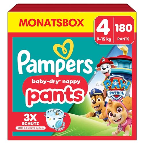 Pampers Baby-Dry Pants Paw Patrol Edition Größe 4, 180 Windeln, 9kg-15kg, 360° Passform hilft, Auslaufen zu verhindern