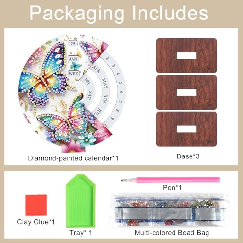 Image of AiYuanzsh Diamond Painting Tabletop Perpetual Calendar - 3D DIY Wooden Desk Ornament with Colorful Butterfly Design, Sparkling Diamond Art Kit for Desktop Decoration & Gifts