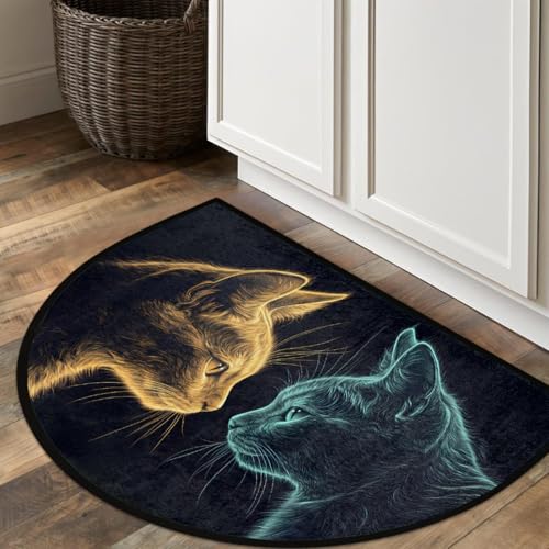 Image of cfpolar Half Round Door Mat Animal Blue Cat Cute Kitten Non-Slip Semi Circle Area Rug Washable Half Moon Hearth Rugs for Indoor Outdoor Bathroom Kitchen Patio Runner Mat Laundry Room Home Decoration