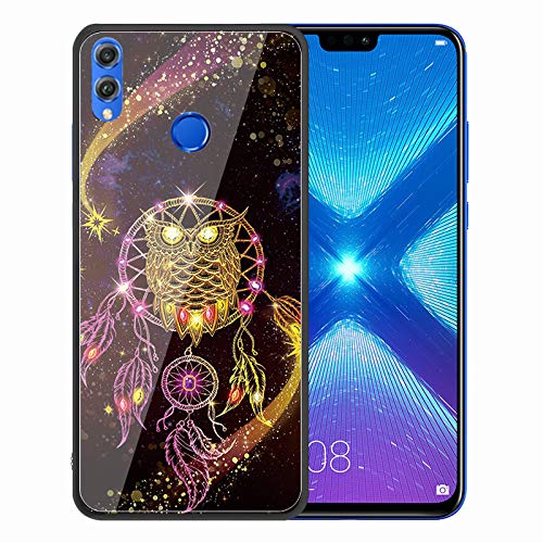 Urhause Tempered Glass Cover Compatible with Huawei Honor 8X Case Glossy Mirror Case Ultra Thin Starry Sky Sparkle Hard Cover Owl Tempered Glass + Soft Silicone Skin Cover Bumper Anti-Scratch Cover