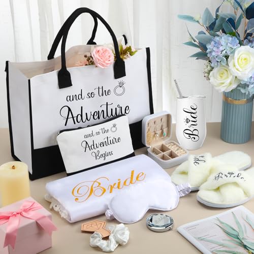 Image of JaGely 9 Pcs Bride to Be Gifts Set Bridal Shower Bachelorette Wedding Gifts with Robe Slippers Tumbler Tote Bag & Bridal Kit