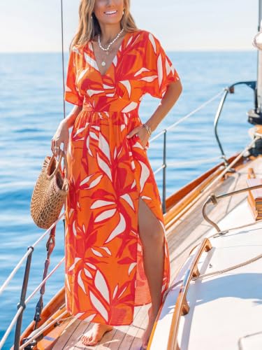 Image of CUPSHE Women's Summer Boho Maxi Dress Paisley Floral V Neck Smocked Dress Beach Vacation Slit Hem Flowy Dress with Pockets