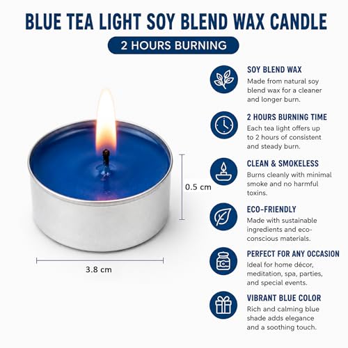 Image of Unscented Tea Light Candles | Soy Wax Blend Long-Lasting with Cotton Wick | Perfect for Home Decor, Parties, Weddings, and More | Set of 100 (Blue)