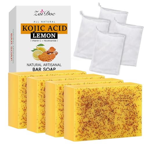 ZAIDOC 4 Packs Turmeric Soap with Vitamin C Natural Skin Even Tone Lemon Soap for Face and Body 3.52oz*4