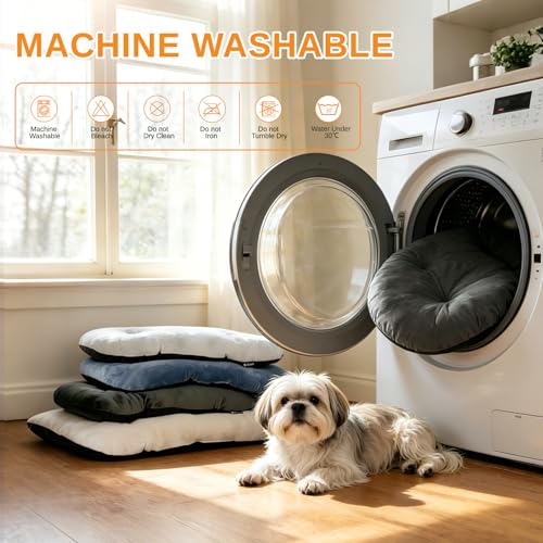 Image of Washable Oval Dog Bed for Large Dogs, High-Resilience, Dark Gray | Non-Slip Bottom Prevents Sliding, Soft Plush Short Fur, Machine Washable, Ideal for Crates /Apartments /Cozy Nooks,35 inchx22 inchx3.2 inch