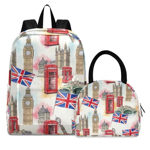 Kids Bag Set Waterproof Cooler Bag, Kids Backpack with Lunch Box, London Icons Vintage