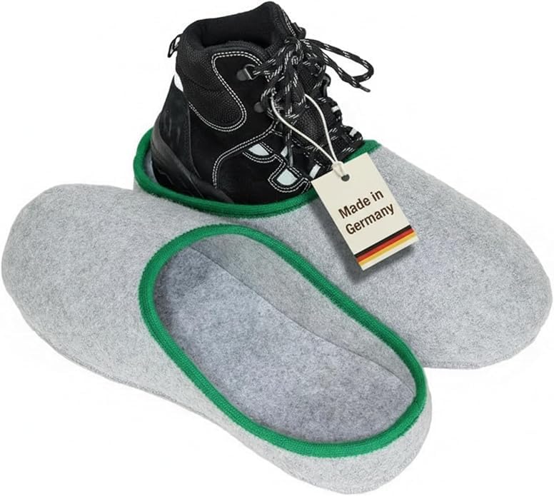 Pantoffelmann Pantuflas de fieltro para calzado con suela de goma | Zapatillas de invitados talla única hasta talla 46 | Calzado cálido que protege de suciedad y arañazos | Gris con ribete verde