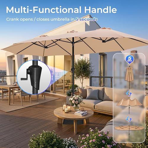 SUPERJARE 15FT Outdoor Patio Umbrella with Base Included, Double Sided Pool Umbrellas with Fade Resistant Canopy, Extra-Large Table Umbrella for Deck, Market, Backyard, Beige - Image 8