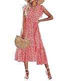 BTFBM Women Summer Bohemian Floral Casual Wrap V Neck Ruffle Cap Sleeveless Belt A-Line Pleated Hem Swing Midi Sun Dress (Floral White Red, Medium)
