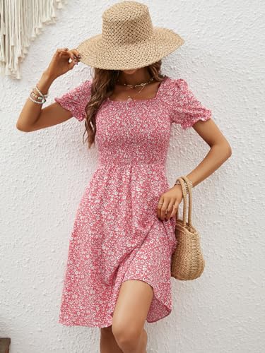 Image of Berydress Women's Summer Dresses 2026 Pockets Short Sleeve Square Neck Flowy A Line Casual Boho Smocked Mini Sun Dress