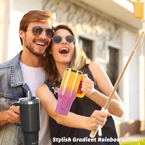 Image of 40 oz Shiny Tumbler with Handle and Straw,Stainless Steel Tumbler with Lid and Straw,Insulated Travel Mug(Cold for 34 Hours),Water Bottle for Iced Tea,Coffee (Yellow)