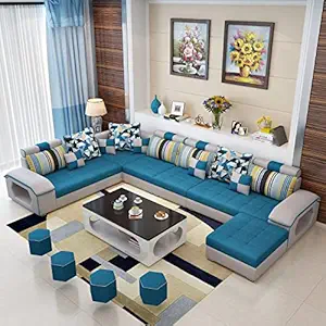 Homeify Wood Carlo 9 Seater L-Shaped Sectional Sofa with Ottoman for Living Room (Right Side,Blue/Gray)