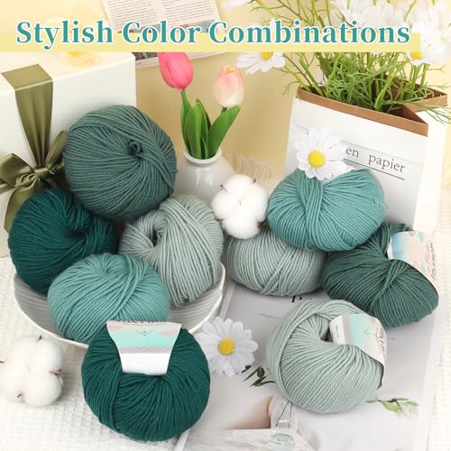 Image of Coopay Yarn for Crocheting, 12 Premium Wool Yarns | 60% Wool 40% Polyester, 1.76oz, 164yds - #3 DK Crochet Yarn for Clothes, Scarves, Blankets, Shawls (Green Family)