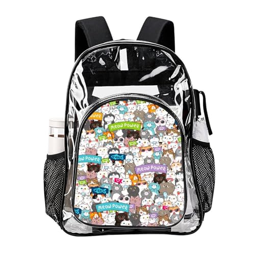 Clear Backpack Cute Cat Clear Bag, Heavy Duty PVC Transparent Backpack See Through Daypack, Large Capacity Clear Double Shoulders Backpack（Cute Cat）