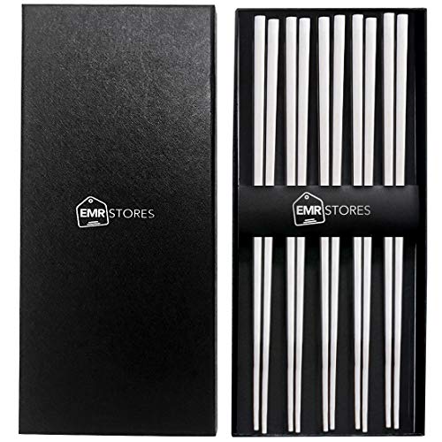 EMRSTORES Stainless Steel Chopsticks - Silver Reusable Chopsticks - 5 Pairs Dishwasher Safe Metal Chopsticks - Easy to Use - Square Lightweight Chop Sticks - Gift Set