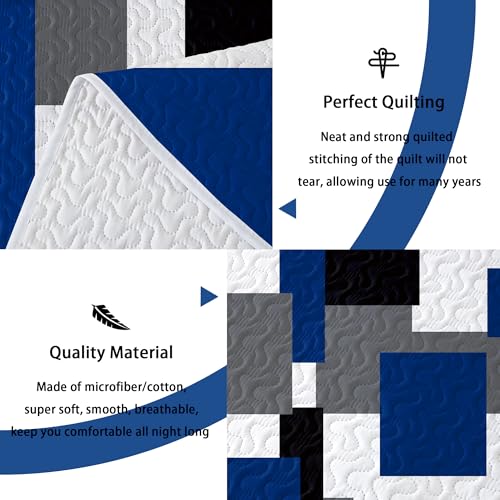 Image of Tyrot 3 Piece Blue White Grey Quilt King Size Blue White Gray Bedding Set | Lightweight Bedspread, Geometric Coverlet with 2 Sham, Modern Abstract Soft Microfiber, Bed Cover for All Season, 106''x96''