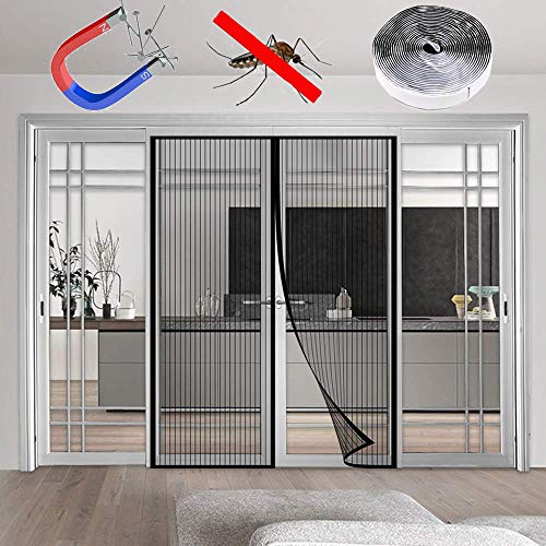 WISKEO Magnet Fliegengitter TüR Insektenschutz, Fliegenvorhang Klettband Selbstklebend, Moskitonetz Magnetischer, Verschiedene Größen, Balkontür Terrassentür - Schwarz 180x220CM