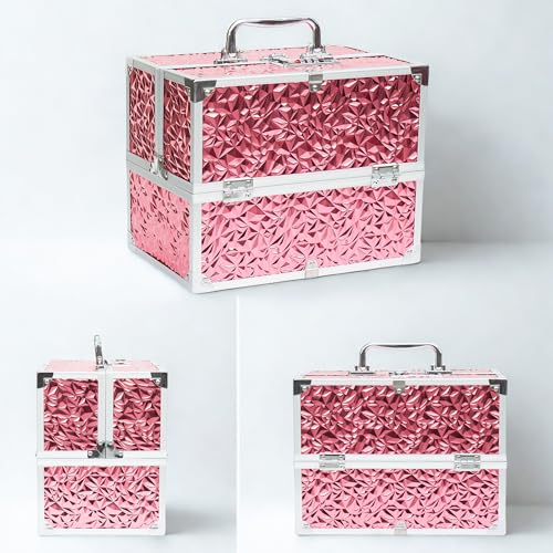 Image of Adson Professional Makeup Box Cosmetics Case Jewelry Organiser Vanity Make Up Storage Box Beauty Train Case Lockable with Keys (Diamond Glow Pink)