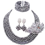 laanc Fashion Lady Jewellery 5 Rows Multicolor Crystal Nigerian Bridel Wedding African Bead Jewelry Sets (Silver Plated)