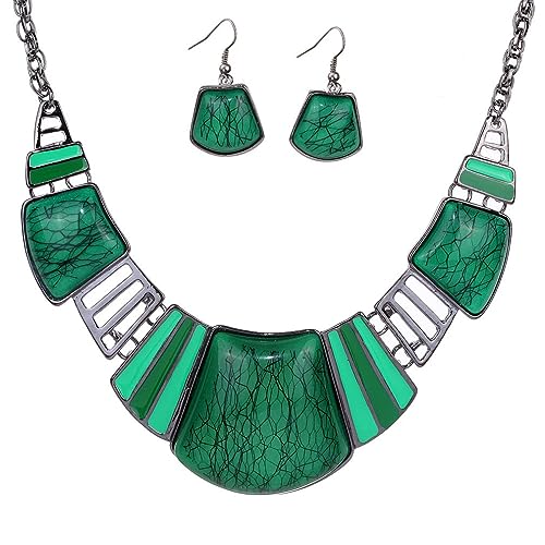 YAZILIND Vintage Ethnique Collier tibetain Sliver Bib Vert Turquoise Collier Boucles d'oreilles Ensemble de Bijoux Femmes