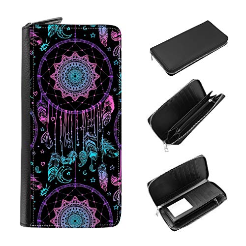 Women's Zip Around Wallet and Phone Clutch - RFID Blocking with Card Holder Organizer - Neon Mandala Dream Catcher Pattern