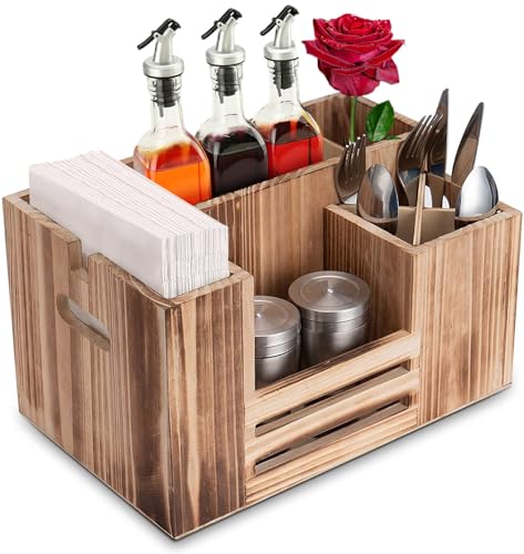 JUJOYBD Cutlery Holder Wooden Table, 8 Compartment Cutlery Organiser with Napkin Dispenser, Brown, 19 cm x 30 cm x 17 cm