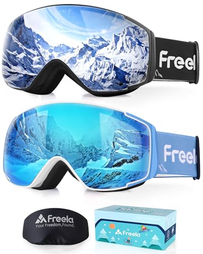 Freela 2 Pack Kids Blue&Black Skiing Snowboarding Snowmobile Winter Snow Goggles for Toddler Boy Girl Youth 4-6 10-12 8-12 6-14, Anti Fog UV Protection Mirror Clear Snowboard Goggles with Ski Helmet