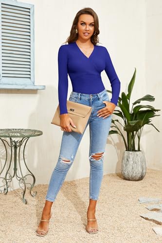 Image of Fangetey Womens Deep V Neck Sexy Wrap Sweater Long Sleeve Slim-Fitted Knitted Jumper Top
