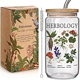 Enanaimg Herbology Witch Glass Cup Christmas Gift for Plant Lover 16 oz Glass Cup with Lids and Straws, Witch Gifts, Cute Magical Plants Botanical Iced Coffee Cups, Witchy Gift for Women, Friends