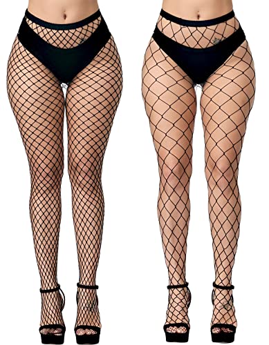 E-Laurels Womens High Waist Patterned Fishnet Tights Suspenders Pantyhose Thigh High Stockings Black, Black Fishnet Tights 2 PCS L+XL, One Size