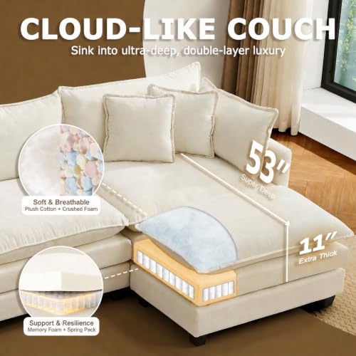 Image of 78 inch Modular Sectional Sofa, L Shaped Cloud Couch with Ottoman | Comfy Chenille Deep Seat Sofa with Throw Pillows, 3 Seat Modern Couches for Living Room Bedroom Apartment, Beige, 78 inch L