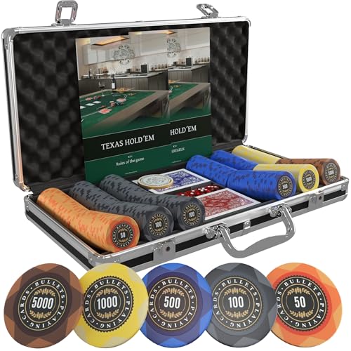 Bullets Playing Cards | Poker Set Adriana | 300 Clay Poker Chips (14 g) with Aluminum Case, Plastic Playing Cards & Dice – Texas Hold’em, Numbered Values