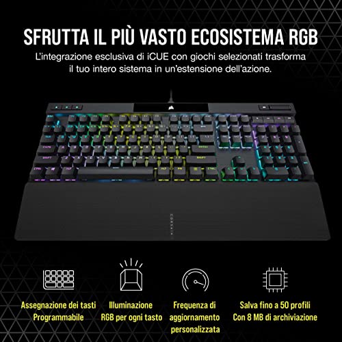 CORSAIR K70 RGB PRO Tastiera da Gioco Meccanica Cablata – Interruttori Lineari Cherry MX Red, SOCD, Keycaps PBT a Doppio Colpo, Hyper-Polling a 8000Hz, NKRO, Torneo Switch, QWERTY IT – Nero - Tastiera gaming - Immagine 5