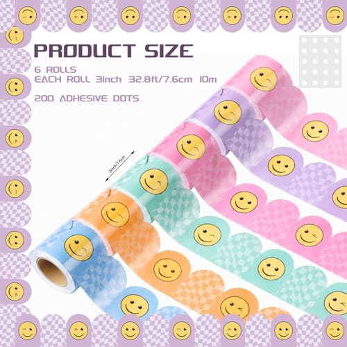 Image of Fuutreo 6 Roll 197 ft Pastel Smile Face Bulletin Board Borders Checkerboard Scalloped Wavy Classroom Border Trim Decoration for Back to School Chalkboard Door Wall Decor
