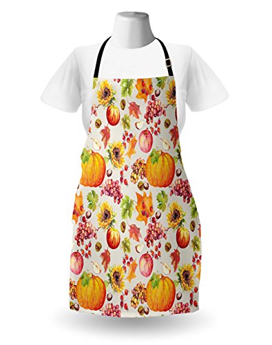 Lunarable Thanksgiving Apron, Fruits And Vegetables Pumpkin Apples Grape With Autumn Leaves In Watercolors, Unisex Kitchen Bib With Adjustable Neck For Cooking Gardening, Adult Size, Orange #TOP1