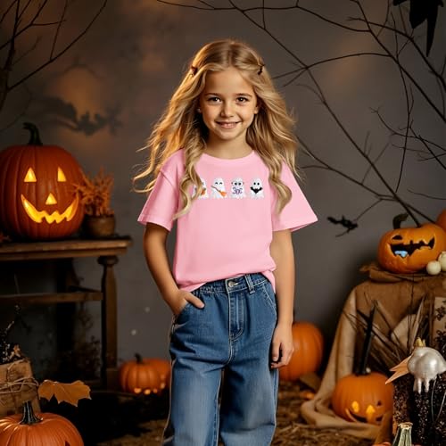 BOUTIKOME Halloween Shirts for Kid Girls Boys Cute Embroidery Ghosts T-Shirt Spooky Season Tees Short Sleeve Top Fall Outfit4