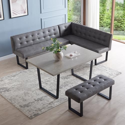 HIPIHOM 3 Piece Dining Table Set with Bench, 42.9 Inch Modern Kitchen Table with Left Seat Corner and 43.3 Inch Bench for Family Dining Room Furniture