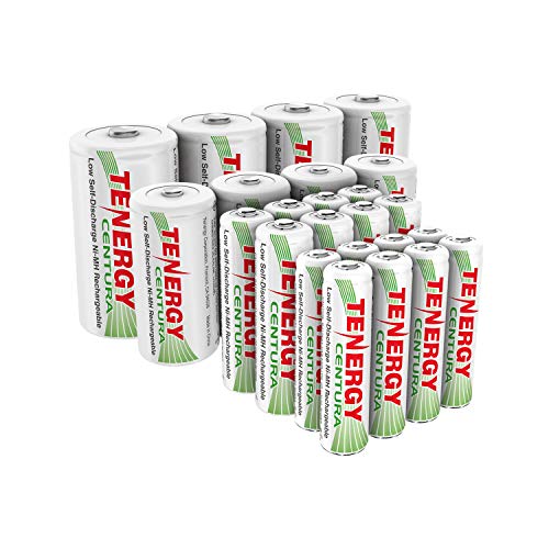 Tenergy Centura NiMH Low Self Discharge Rechargeable Battery Assortment Pack, Includes Battery Sizes AA AAA C D Rechargeable Batteries, 24 Pack