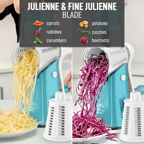 Image of Zulay Kitchen Rotary Cheese Grater 5 Blade Cheese Shredder - Manual Hand Crank Cheese Grater With Reinforced Suction & 5 Interchangeable Drums - Easy to Use, Vegetable Chopper Round Mandoline Slicer