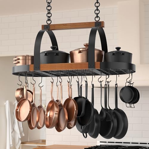 KES Natural Solid Wood 39 Inch Large Hanging Pot Rack,