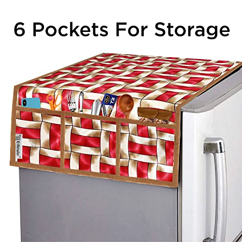 Image of Polyester 3-Layered Fridge Top Cover /Refrigerator Cover with Utility Pockets and Set of 4 Pc Fridge Mats (Color-Red, Size-39x21 Inches)