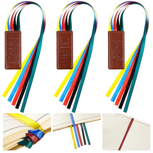 Outus 3 Pieces Bible Ribbon Bookmark Markers Artificial Leather Bookmark with Ribbons for Books Office(Encourage Yellow Blue Red Green)