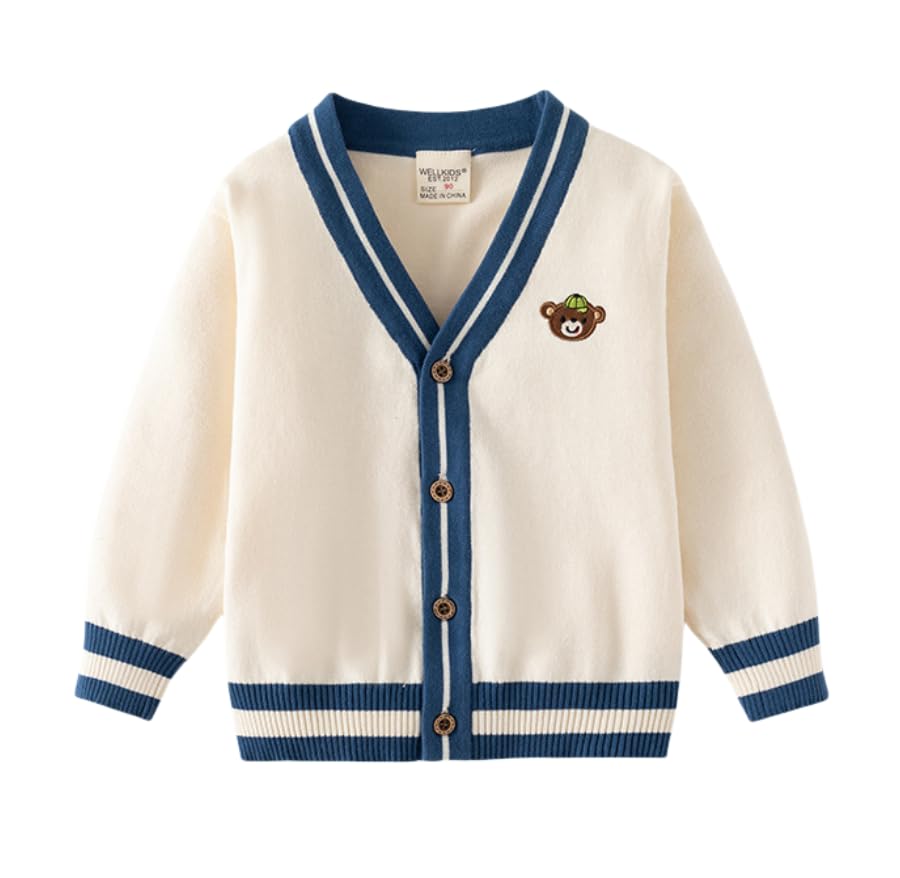 Toddler Boys Girls School Uniform Cardigan Sweater Bear Button Up V-Neck Soft Cotton Knit Outerwear Cute Cardigan