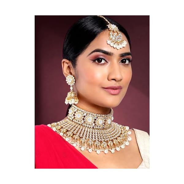 Peora Traditional Rani Padmavati Kundan Pearl Studded Bridal Choker with Earrings Maang Tikka Jewellery Gift Set for Women - Image 4