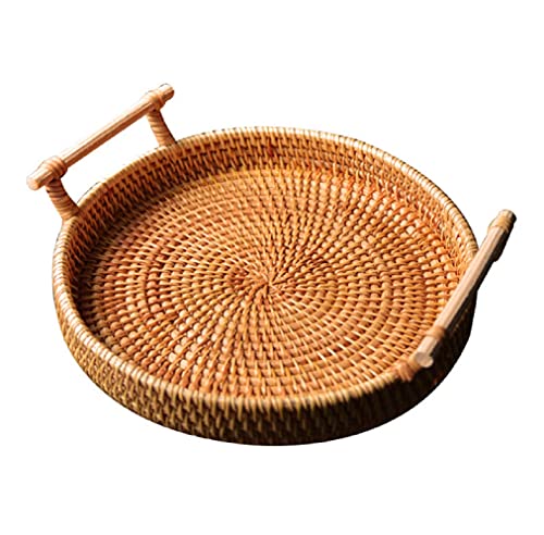 KAIMED 手織りトレー 籐かご ハンドル付き 丸型 果物バスケット お菓子トレー 手織りラタントレイ 籐のバスケット 和風収納 ストレージバスケット装飾トレイ丸型収納トレー