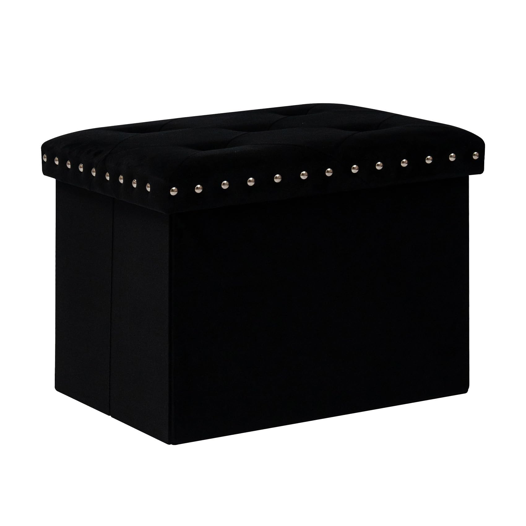 Bonlife Velvet Ottoman with Storage,Small Storage Boxes with Lids,Folding Ottoman Seat,Footstool for Living Room,42x32x32cm,Black