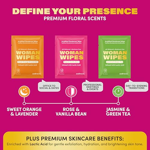 Image of Zero Trace Deodorant Wipes for Women - 30 Individually Wrapped, pH-Balanced Body Wipes with Lactic Acid - Jasmine, Orange & Lavender, Rose & Vanilla - Aluminum-Free Travel Wipe for Gym & On-the-Go